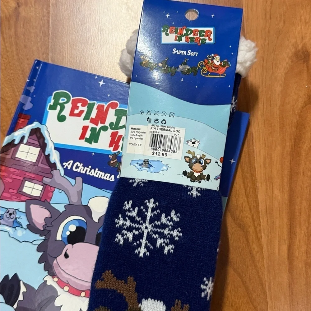 Reindeer in here Christmas book and matching thermal slipper socks NWT